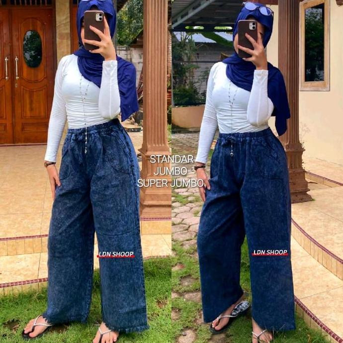 OOTD Celana Kulot Wanita Panjang Cewek Dewasa Semi Jeans Standar Jumbo Super Jumbo Pinggang Full Kar