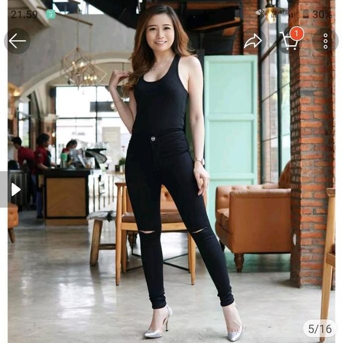 KHUSUS KAMU PRODUK High Waist  Jeans Soft Hitam Street Sobek Lutut Wanita Slim Fitt Terbaru Celana P