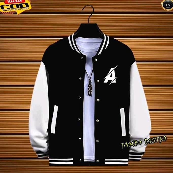 COD - Jaket Distro Varsity / Jaket Baseball Logo Font / Huruf Inisial A Text Putih Distro Fleece Cas