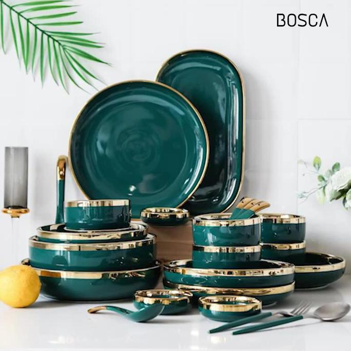Bosca Living - Set Piring Makan isi 26 pcs / Piring Makan List Gold / Piring Makan Set / Set Piring 