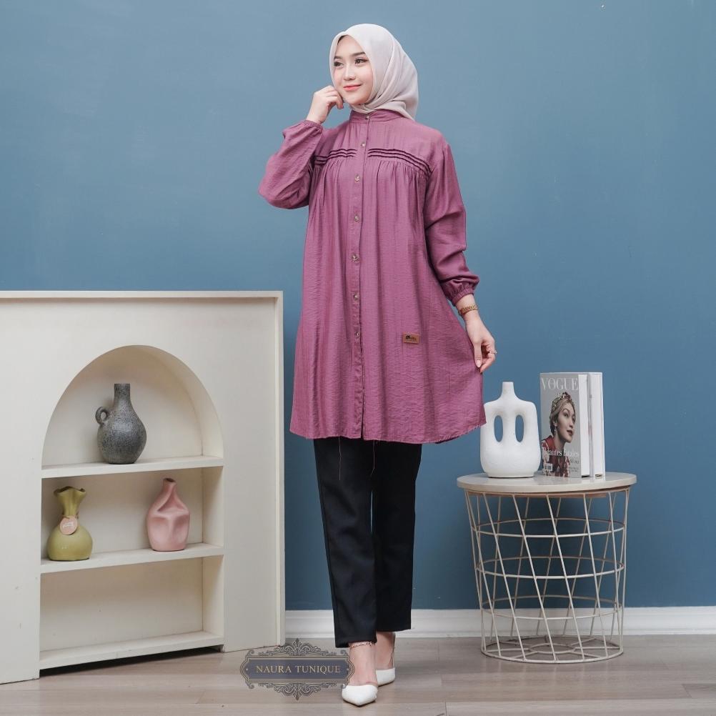 Garansi ( Jumbo ) Kaisa Tunik Polo Linen Kemeja Long Tunik Atasan Wanita Ld 110-130 By Naura Tunique