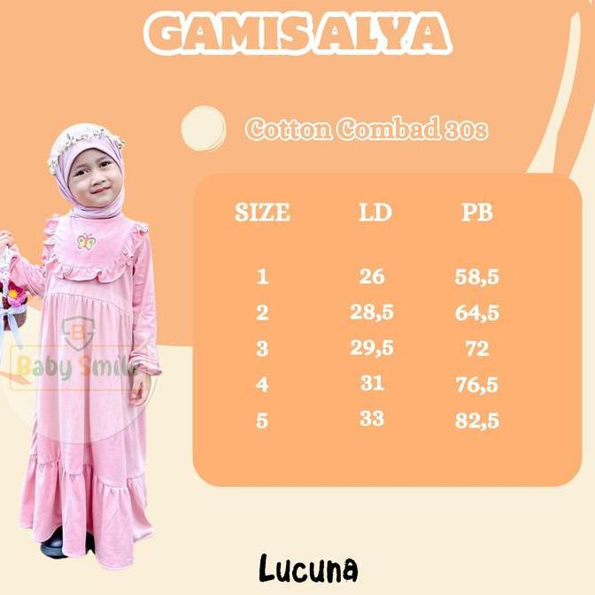 Gamis Anak Muslim Alya Lucuna Warna Merah Bata Size 1-5 THN Baju Katun
