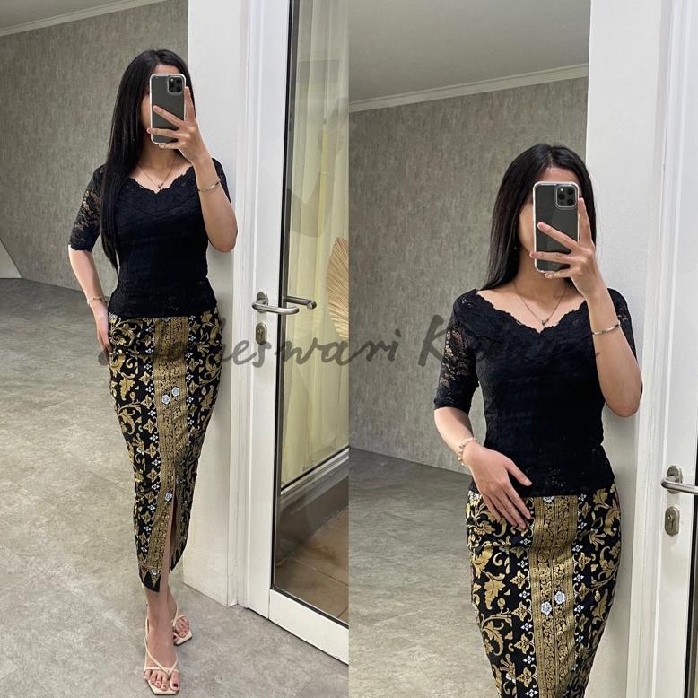 Free Ongkir Kebaya Bali Set Brukat Sabrina Hitam V-Neck Brokat