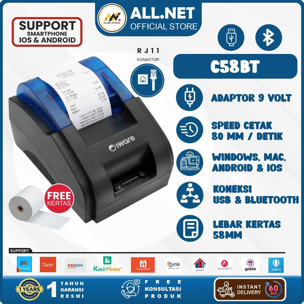 Printer adaptor  Thermal Iware Kasir Bluetooth Iware Kertas Ppob Thermal 58Mm Usb+Bluetooth Printer