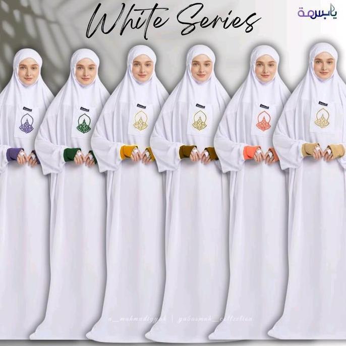 Mukena yabasmah series putih | Mukena terompah | mukena hadromaut | mukena basmah | mukena Tarim | M