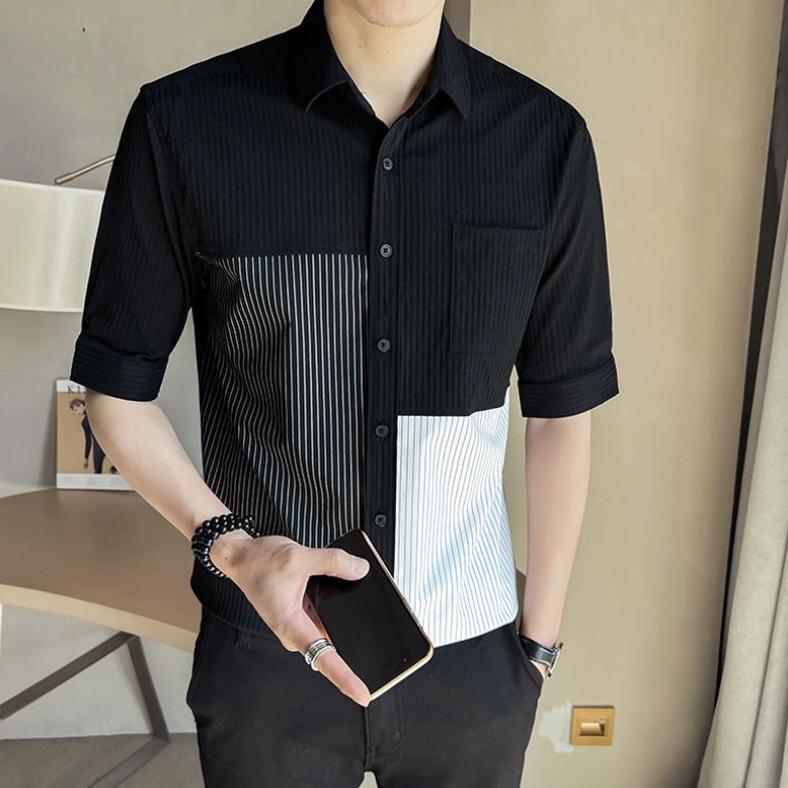 DISKON KEMEJA PRIA KOREAN STYLE GARIS KONTRAS KEMEJA KASUAL LENGAN PENDEK FASHION PRIA KEKINIAN SLIM