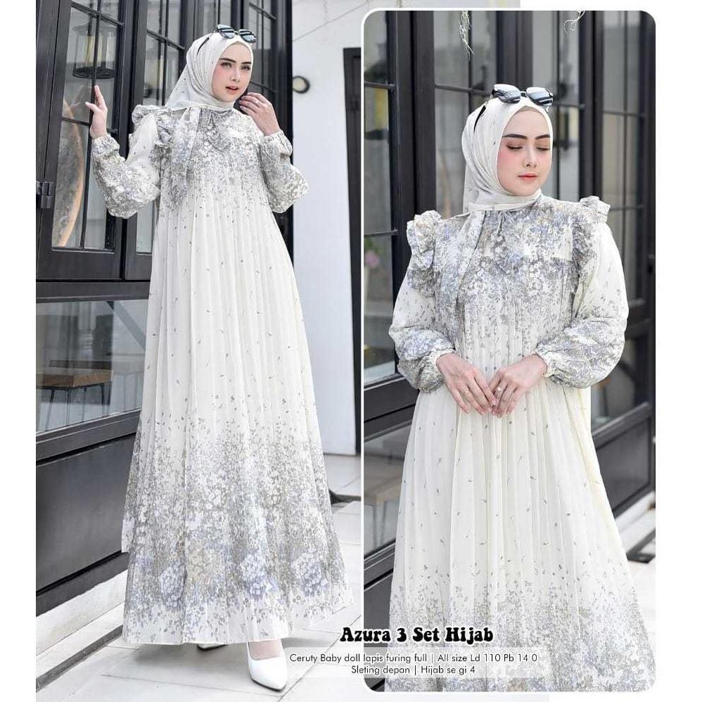 Promo Azura 3 Set Hijab Segi4 / Azzura Dress Plisket / Gamis Wanita Kekinian / Terbaru Mahogany Tren