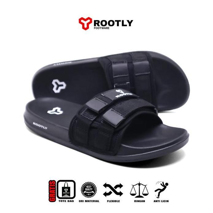 New Rootly - Sandal Selop Velcro Pria Webing Terbaru Full Black Shoes Canvas