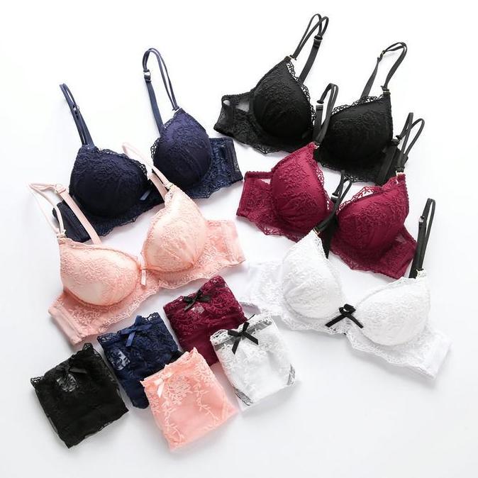Misa- Bra Set / Bh + Celana Dalam Wanita Sexy Elegant Renda Bunga Lingerie Busa Bisa Dilepas Kawat S