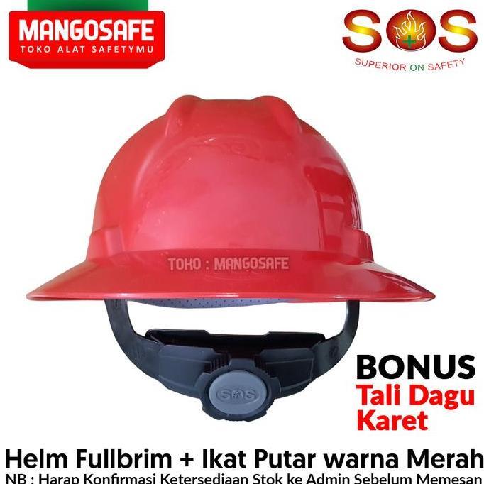 BEBAS ONGKIR - Helm Safety Proyek Fullbrim Murah SOS warna Merah + ikat Kepala Putar + Tali Dagu Kar