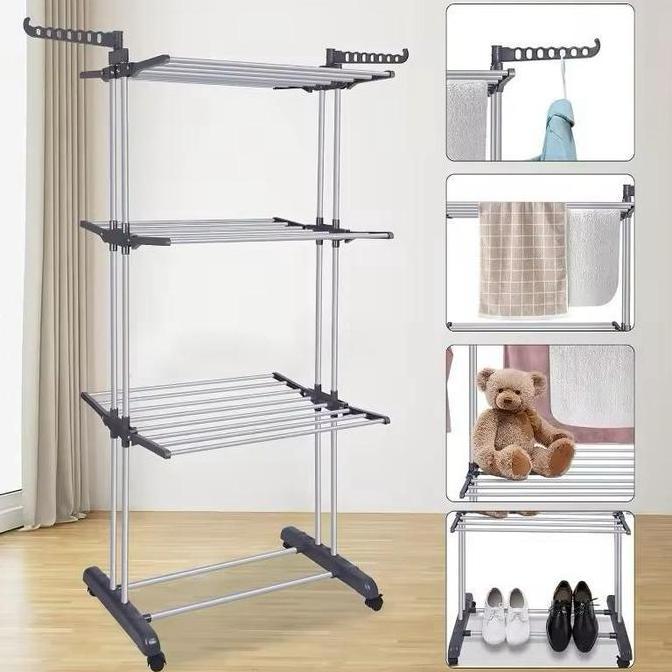 Rak Jemuran Lipat Baju Pakaian Stainless Steel 4 Susun Jemuran Handuk Rak Handuk Jemuran Portable Se