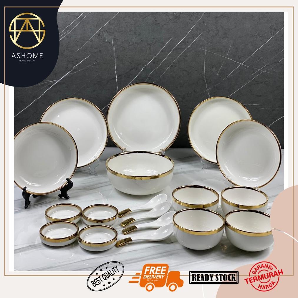 ASHOME Piring Set 4 Orang Piring Makan Set Keramik Putih Gold Isi 18 Pcs / Piring Set Keramik List E