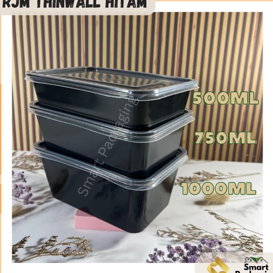 [Isi 25 Pcs] Rjm Thinwall Food Container Hitam 500Ml 750Ml 1000Ml / Tempat Makan Plastik / Wadah Bek
