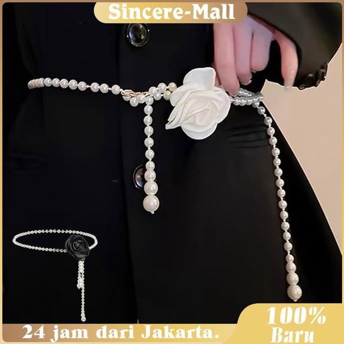 FERAYPO Ikat Pinggang Rantai Model Bunga Mawar Mutiara Belt Ikat Pinggang Wanita Untuk Dress