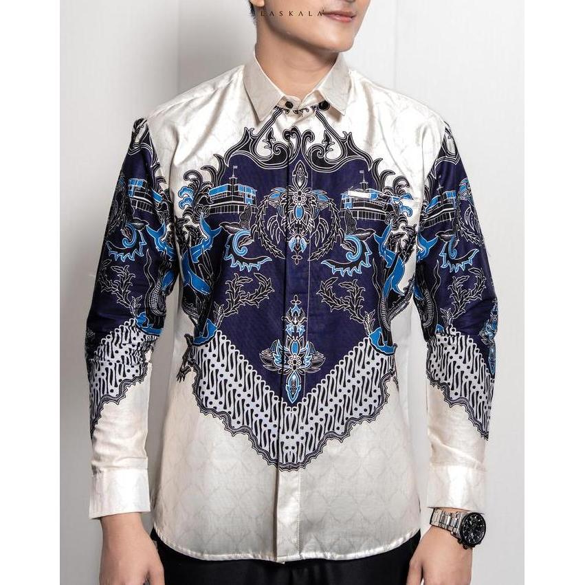 New Laskala Batik Premium Surabaya Cream Kemeja Batik Pria Slimfit Lengan Panjang