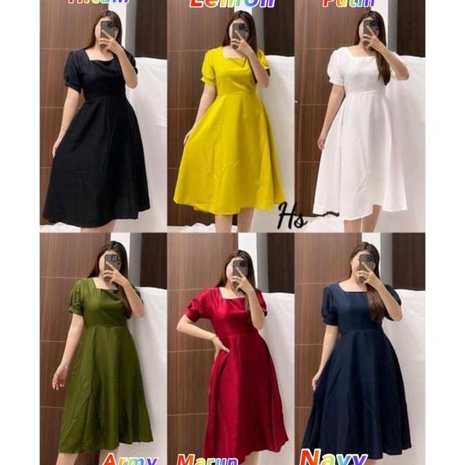 DRESS LORRA NEW BAHAN MOSSCREOE casual karet Wanita Pesta /midi dress Gaun Nyaman Panjang Santai Can