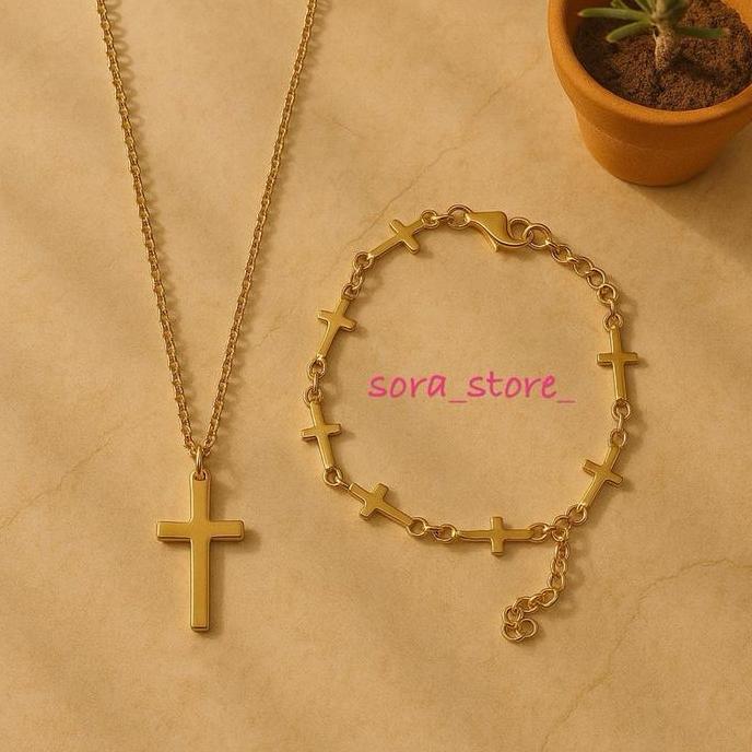 Set Gelang Dan Kalung Rosario Unisex Titanium Lapis Emas Asli Anti Karat Anti Pudar Anti Luntur Gaya
