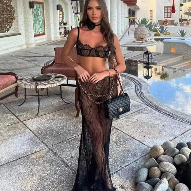 - Mela Lace Outer Set Crop Top + Maxi Skirt Woman Premium / Korean Summer Set / Beachwear Bali / Set