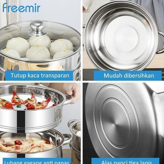 [Crehom Exclusive] freemir Panci Stainless Kukus 2 Susun 26cm Kukusan Anti Karat Stainless Steel 304