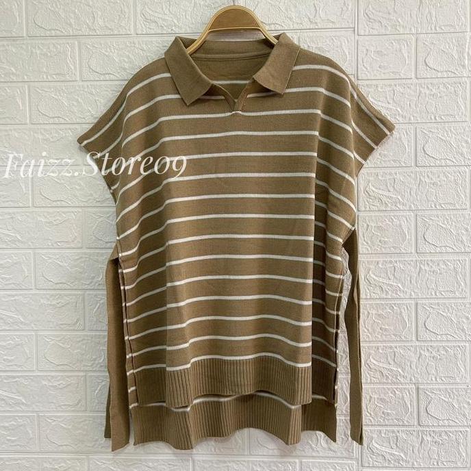 Lansungkirim- Vest Kerah Tali Samping Motif Garis Liodra Wanita Panjang Atasan Rompi