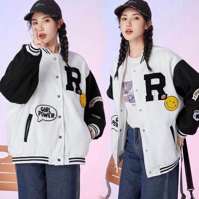 Lansungkirim- R Smile  Varsity Jaket Baseball Oversize - Jaket Varsity Wanita - Baseball Jaket