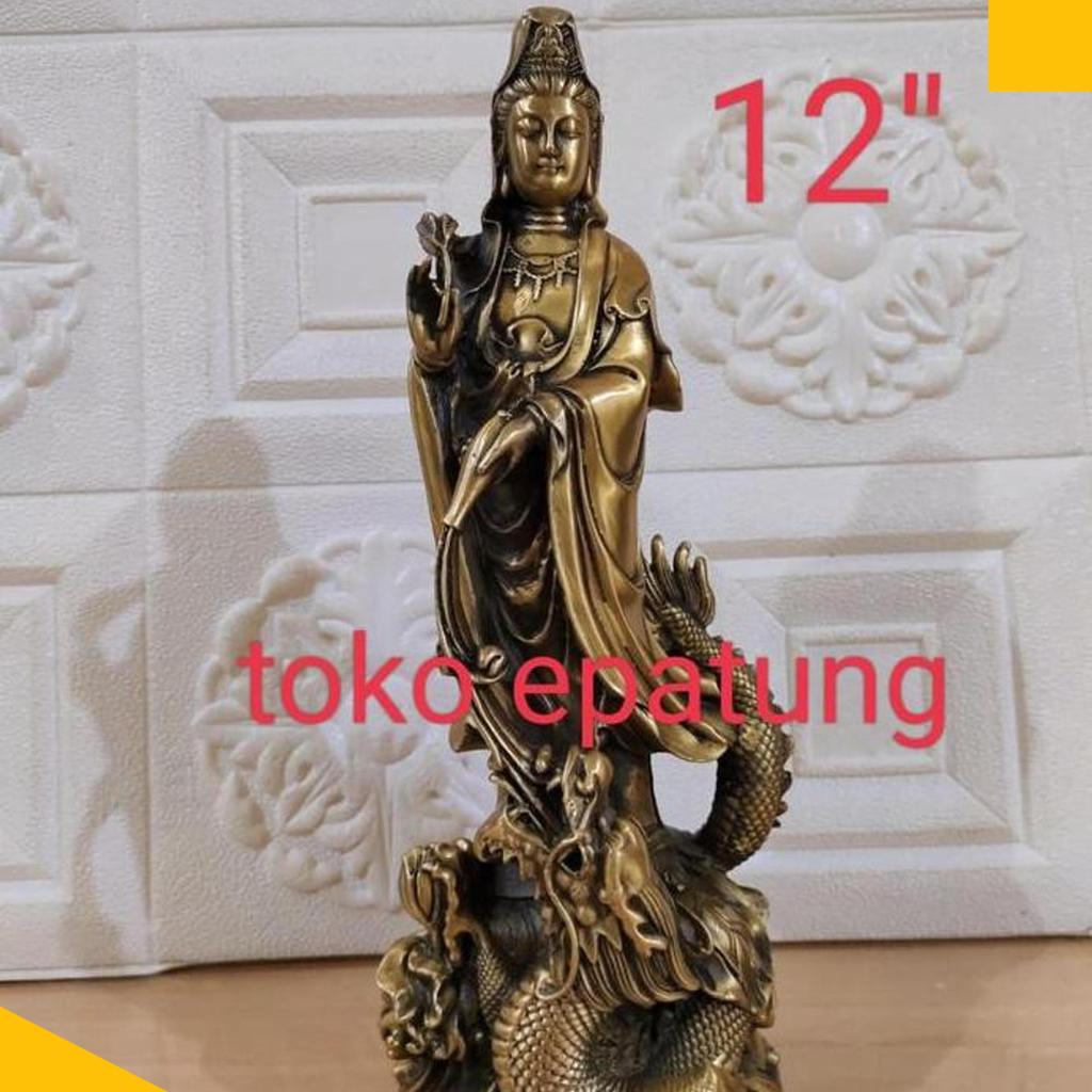 Patung Dewi Kwan In / Kwam Im / Guan Yin - Naga - Kuningan - 12 Inch