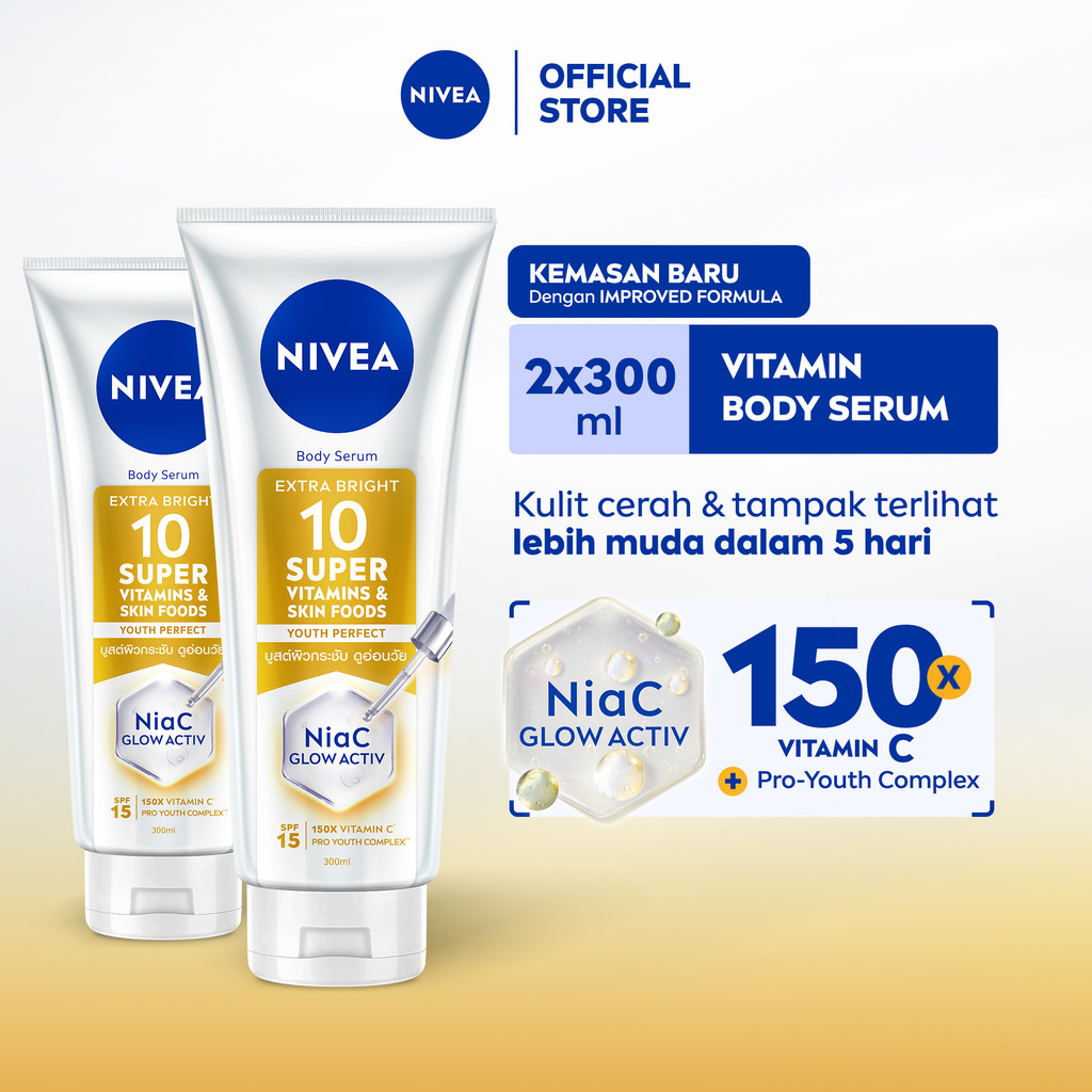 (PAKET HEMAT ISI 2) NIVEA Body Serum Extra Bright 10 Super Vitamins Youth Protect SPF15 300ml - Hand