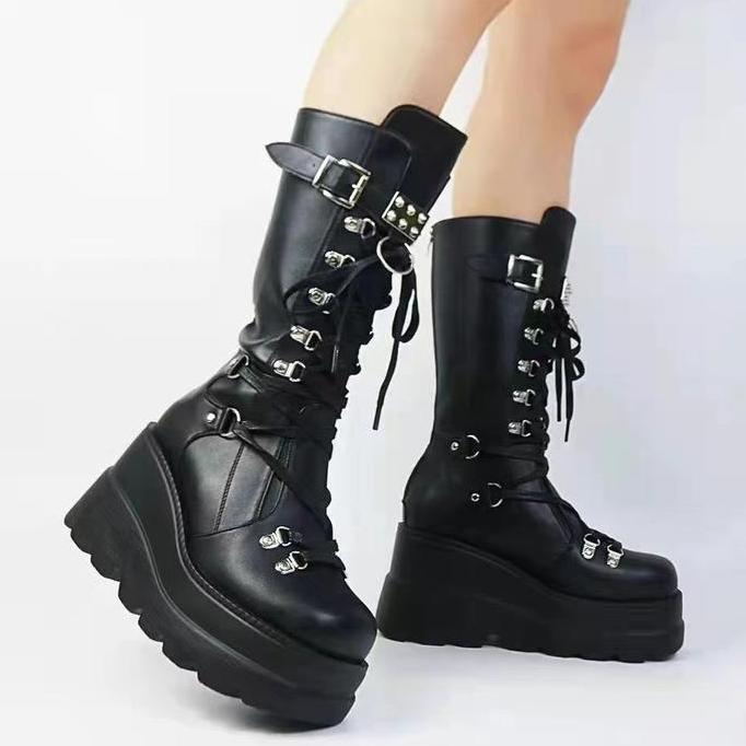 Sepatu Boots chunky Panjang Wanita Hak Tinggi Fashion shoes SFW 291 warna hitam Tapak karet TA