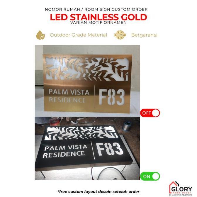 TERBARU - GHD Nomor Rumah LED Laser Cut Stainless Gold Custom variasi Motif Ornamen
