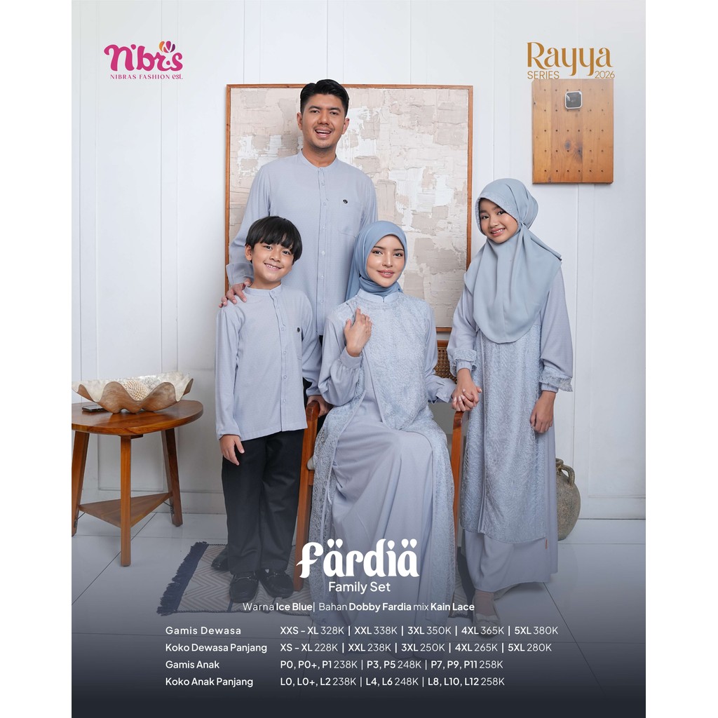 NIBRAS BAJU SARIMBIT KELUARGA MUSLIM FARDIA ICE BLUE - COUPLE FAMILY KOKO & GAMIS BROKAT 2026 - READ