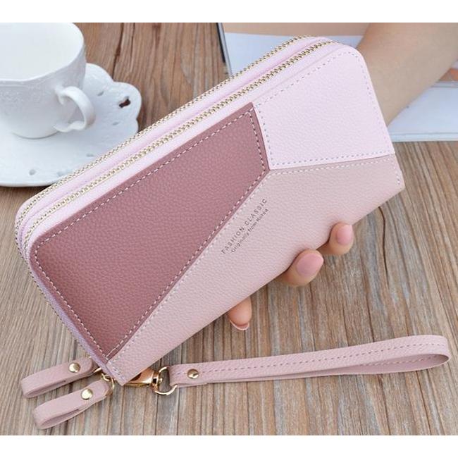 Dompet Minimalis Dompet Panjang Wanita  2 Resleting Coryta Wa121P3 Pink Kulit Tali Fashion