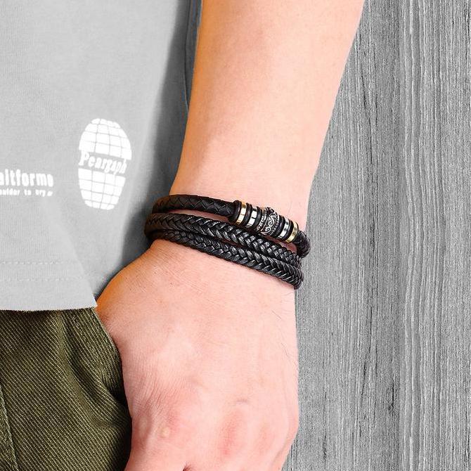 DUDLEY GELANG KULIT GEOMETRI EMAS VINTAGE MULTIPLAYER GELANG 3IN1 GELANG PRIA