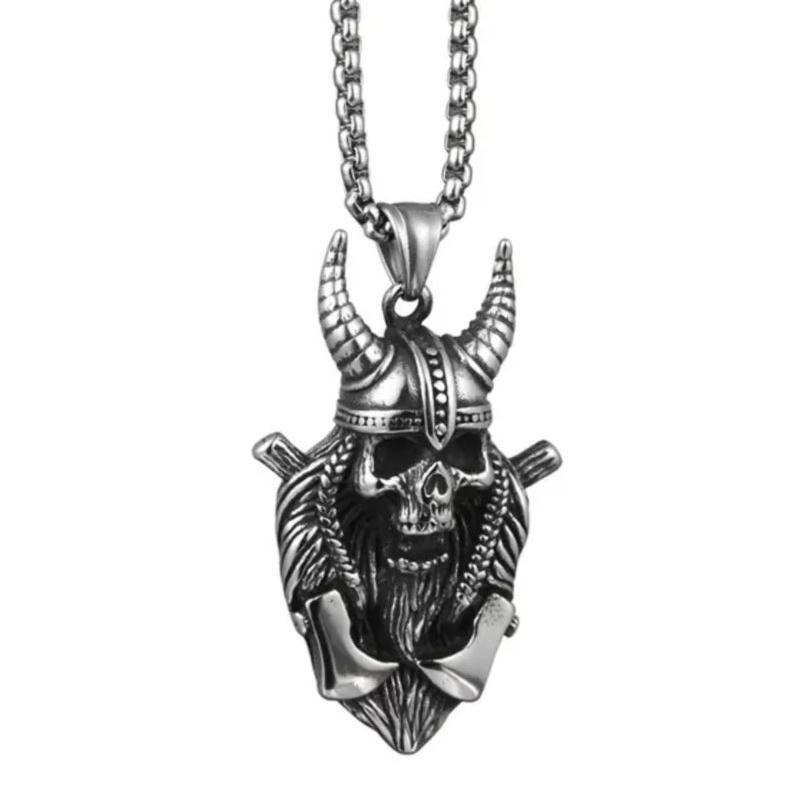 ORIGINAL KALUNG RANTAI TITANIUM PRIA LIONTIN BAJA TITANIUM TENGKORAK TANDUK GAYA PUNK SILVER ANTI KA