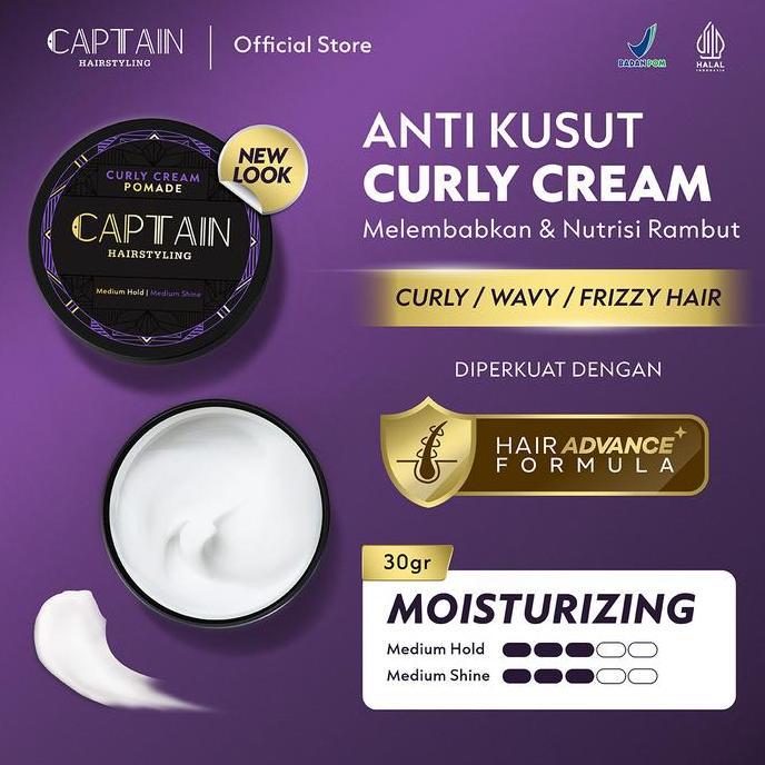 Captain Hairstyling Curly Cream Pomade 30gr / Pomade Pria / Medium Hold / Medium Shine / Moisturizin