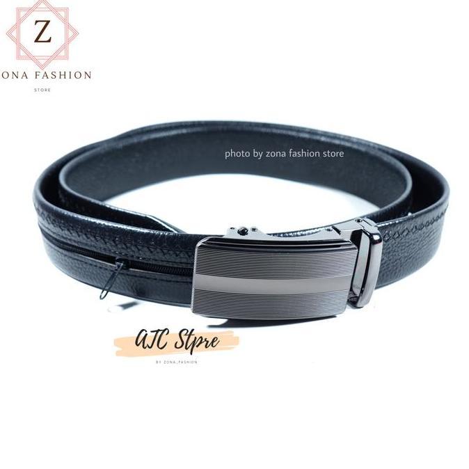 ikat pinggang pria sabuk kulit gesper import kantong rahasia ada resleting zipper ziper nya Laki-lak