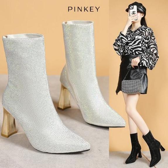 PINKEY P377 Sepatu Wanita Boot Import Korea Heels Hak Tinggi 7cm Model Boots Black Shoes Hitam