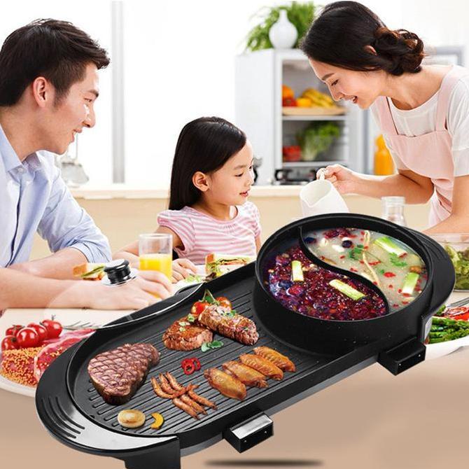 Korean Grill Pan BBQ Large Electric Multifungsi 2in1 Hotpot BBQ hotpot Shabu shabu