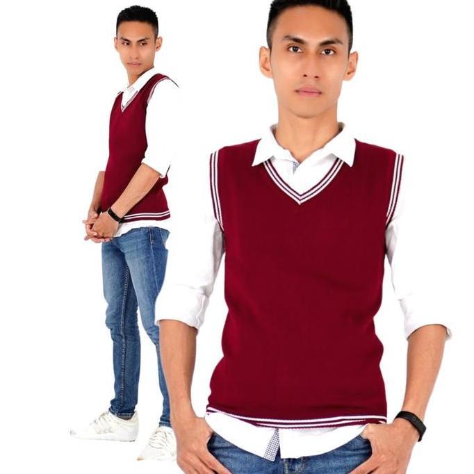 NEW OKECHUKU ROMPI RAJUT SERAGAM MARUN LIST KNIT VEST PRIA ROMPI UNISEX ROMPI V NECK KNIT VEST GOOD 