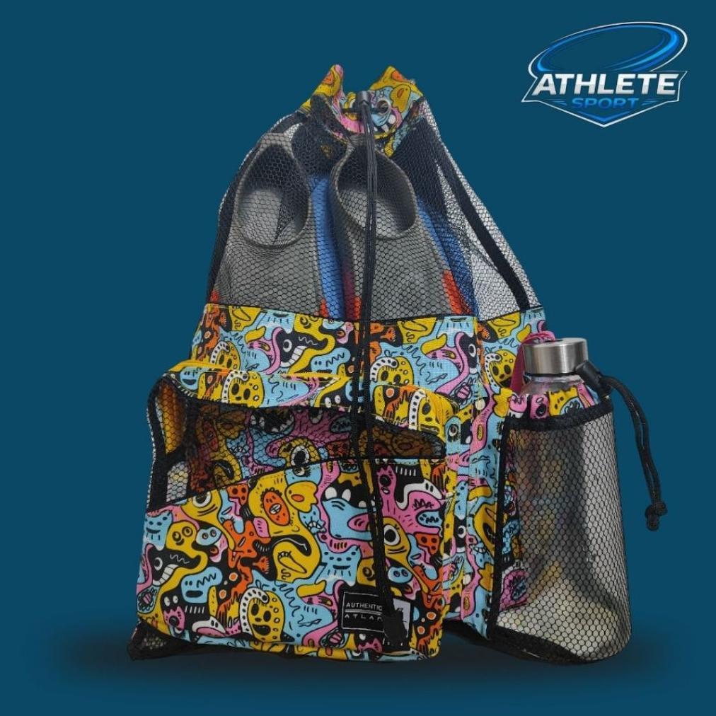 ATHLETE - Tas Renang Jaring Motif Cute Monster/Tas Renang Anak Serbaguna Free Custom Nama Aksesoris 