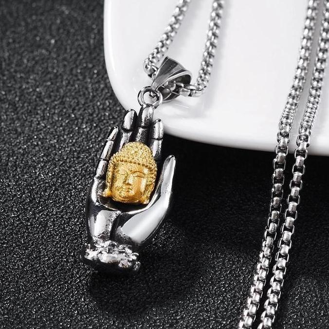 Youboy- Kalung Tangan Kepala Buddha Gold / Kalung Rantai Pria Wanita Liontin Tangan / Buddha Head Ha