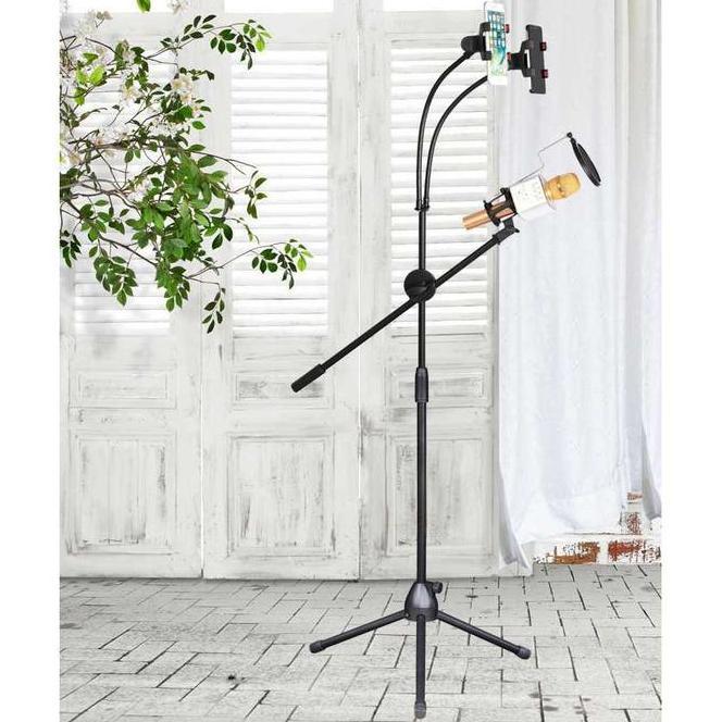 Stand Mic Panjang Lantai Standing Tiang Microphone Berdiri Dengan 2 Holder Smartphone