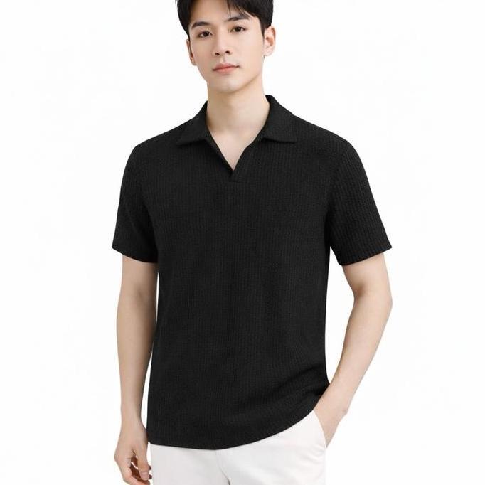 DF193 - Kaos polo lengan pendek pria V-neck waffle premium baju distro terbaru Kerah Cowok Dewasa