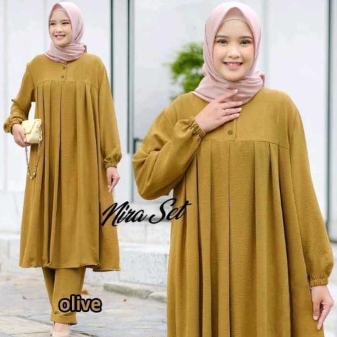HOT DEALS SIZE JUMBO NIRA SETCEL LONG TUNIK + CELANA bahan CATOON PREMIUM / SETELAN WANITA Terbaru m