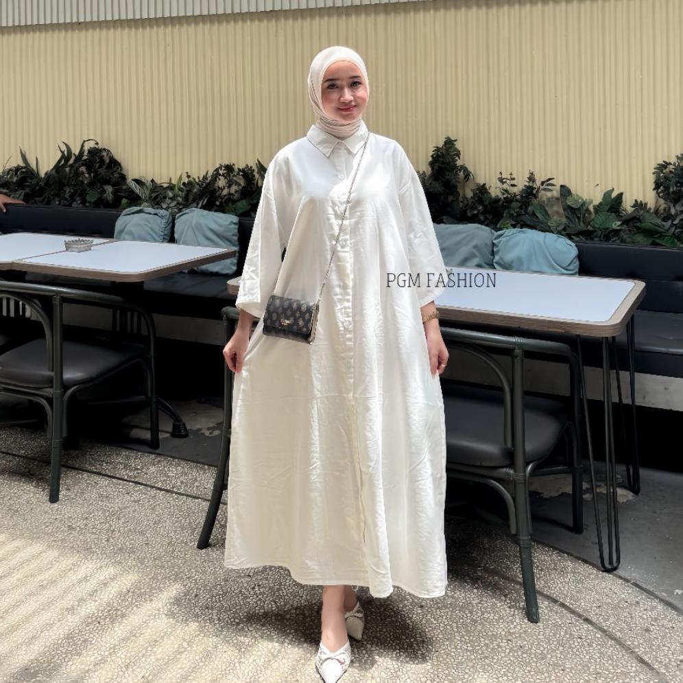 CUCI GUDANG Nasha Long Tunik Outer Atasan Wanita Polos Casual Kerah Kemeja Full Kancing Aktif Lengan
