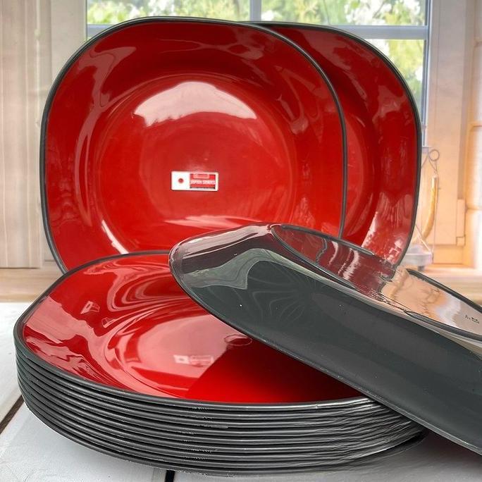 12 Pcs Piring Mie Ramen Piring Makan 9 Inch Plastik Tebal New Cornelius Anti pecah Warna Merah Hitam