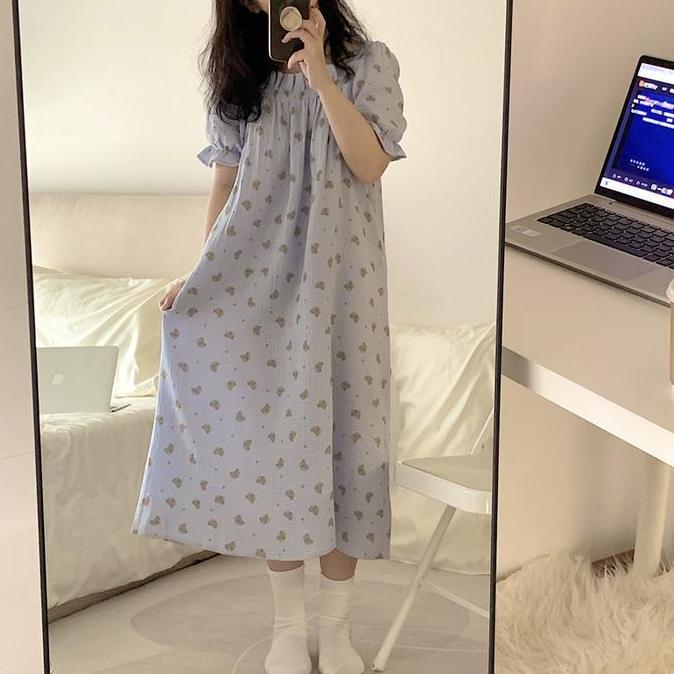 Baju Tidur Wanita Taemo Dress Sleepwear Daster Motif Bear Lucu Rok Tidur Kekinian Lengan Pendek AS