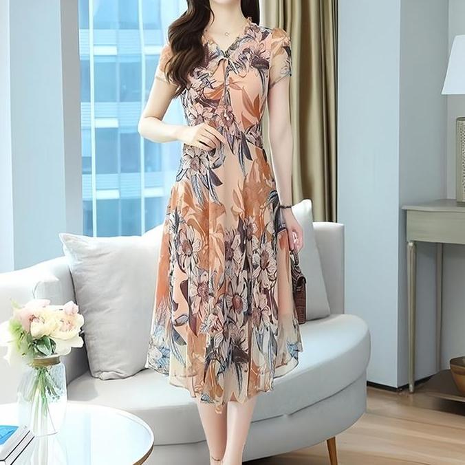 HEMAT LUAR BIASA Dress Midi mesh Bodycon Wanita Casual Retro Hitam Street Floral Motif Panjang Gaun 
