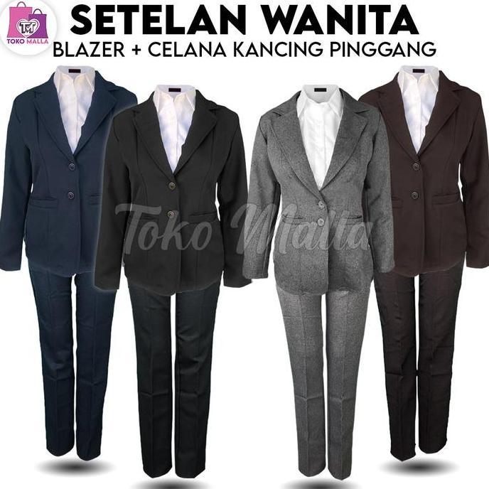 HEMAT LUAR BIASA Setelan Blazer Set Wanita Satu SET BLAZER & CELANA Formal MODEL KANCING PINGANG Ble