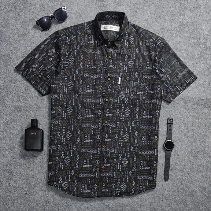 Detak Original Kemeja Songket Pria Lengan Pendek Hitam Arrow Poplin Casual Slimfit Terbaru 