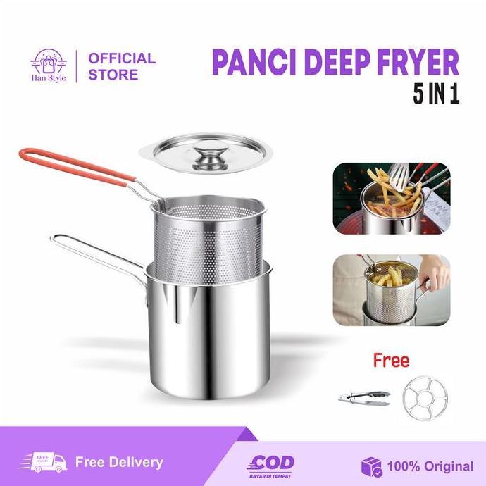 BOTOF [HS] Panci Penggorengan Tirisan Deep Fryer Set 5 in 1 Panci Penggorengan Rebus Stainless Steel